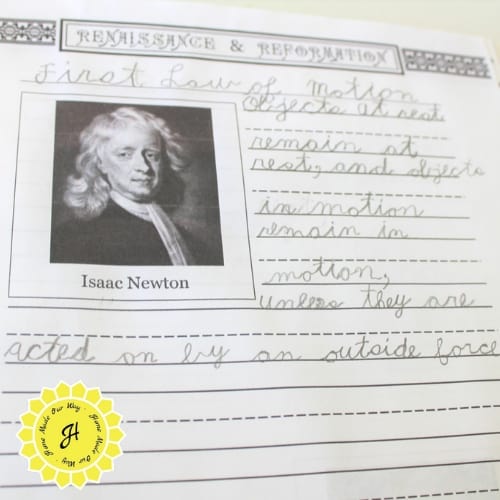 homeschool science writing practice sheet for Isaac Newton and the first law of motion