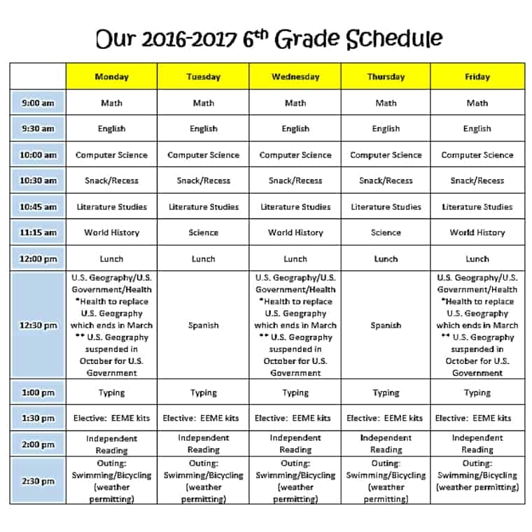 6th-grade schedule for homeschool