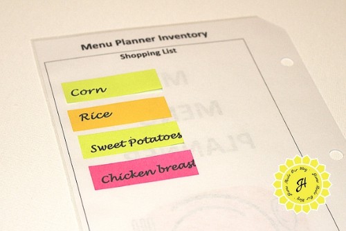 menu planner inventory page with Post-It page markers