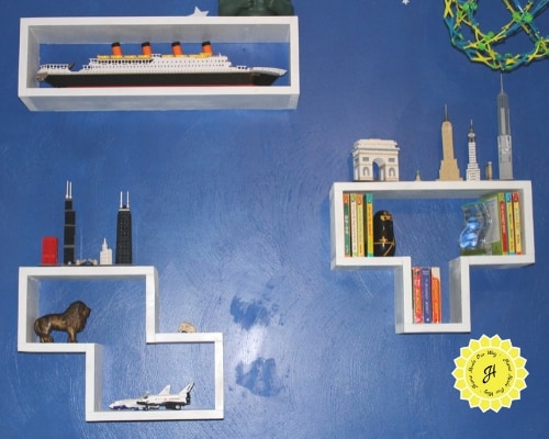 image of three tetris shelves for holding books, lego cities, and other keepsakes