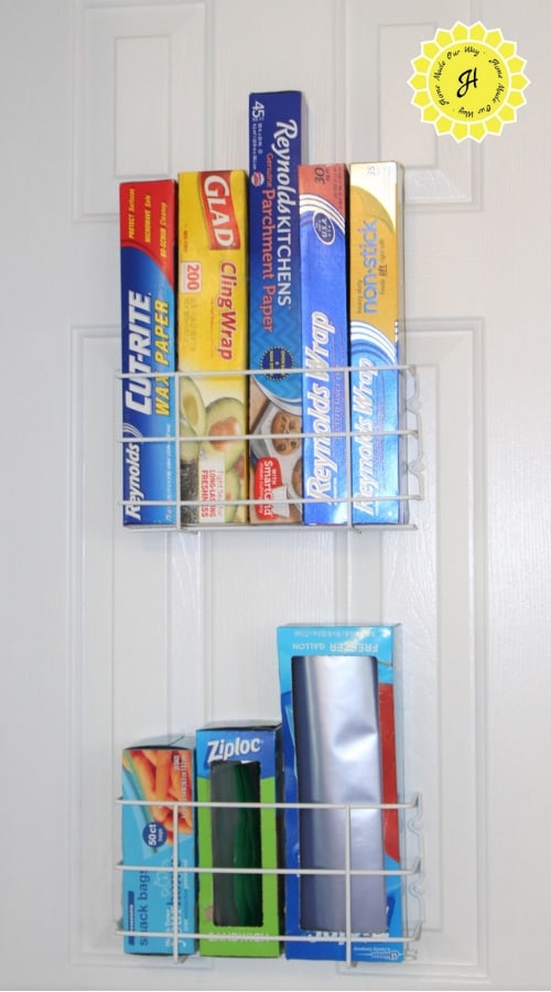 pantry door storage for foils, wraps, and storage bags