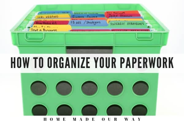 image of green crate with file folders inside for paperwork organization post