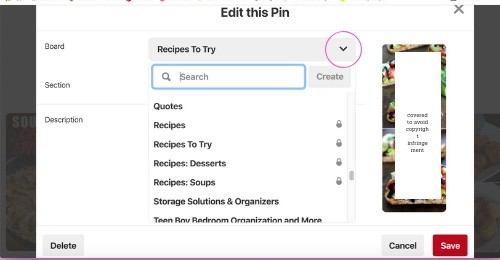 Changing recipe boards within a pins edit prompt box