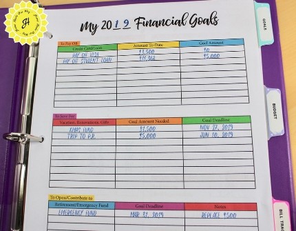 Financial planner pages in binder