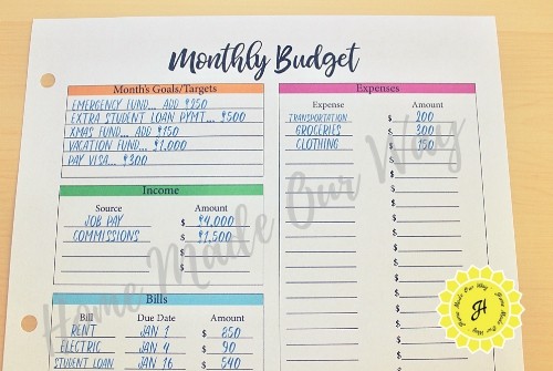 financial planner monthly budget sheet top portion