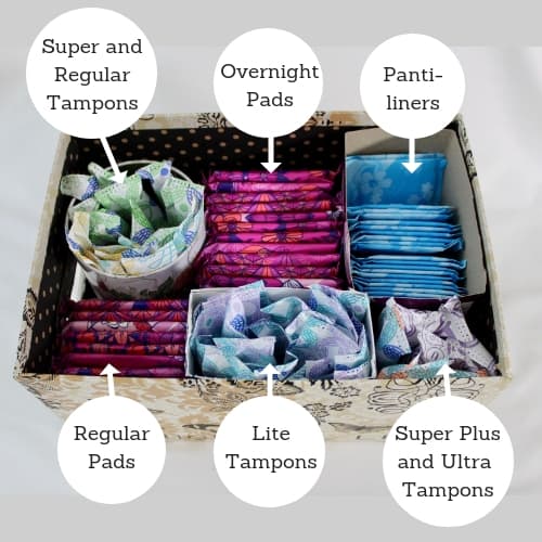 feminine products like tampons pads pantiliners panty liners organized in a decorative box