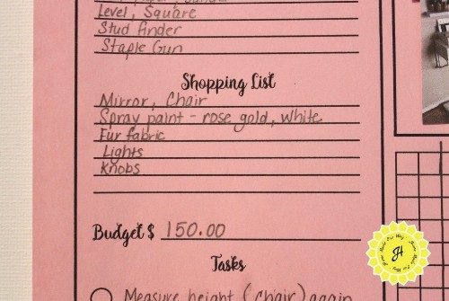 shopping list and budget portion of project planner
