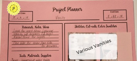 top portion of project planner showing start date, end date, title, research, notes, ideas, sketches cut-outs, and swatches sections