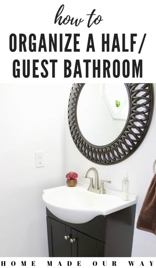 pin image for half guest bathroom organization post