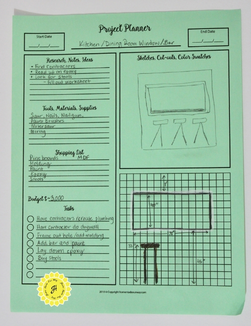 example of home improvement project planner filled in with measurements, drawing, notes, and lists.