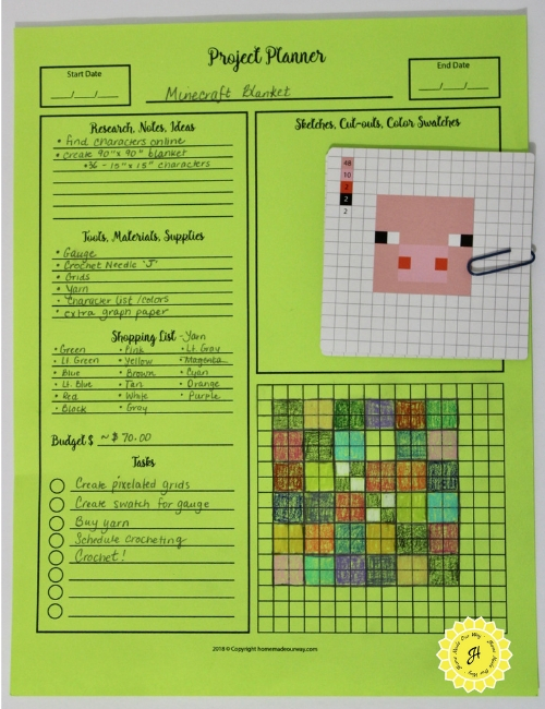 example of craft project planner for crocheting Minecraft blanket