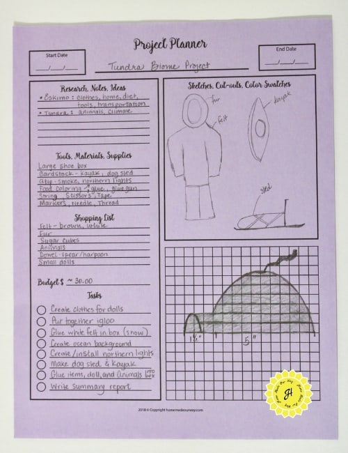 example of school project planner for Tundra biome project