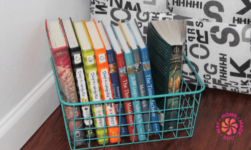 image of books in a wire basket