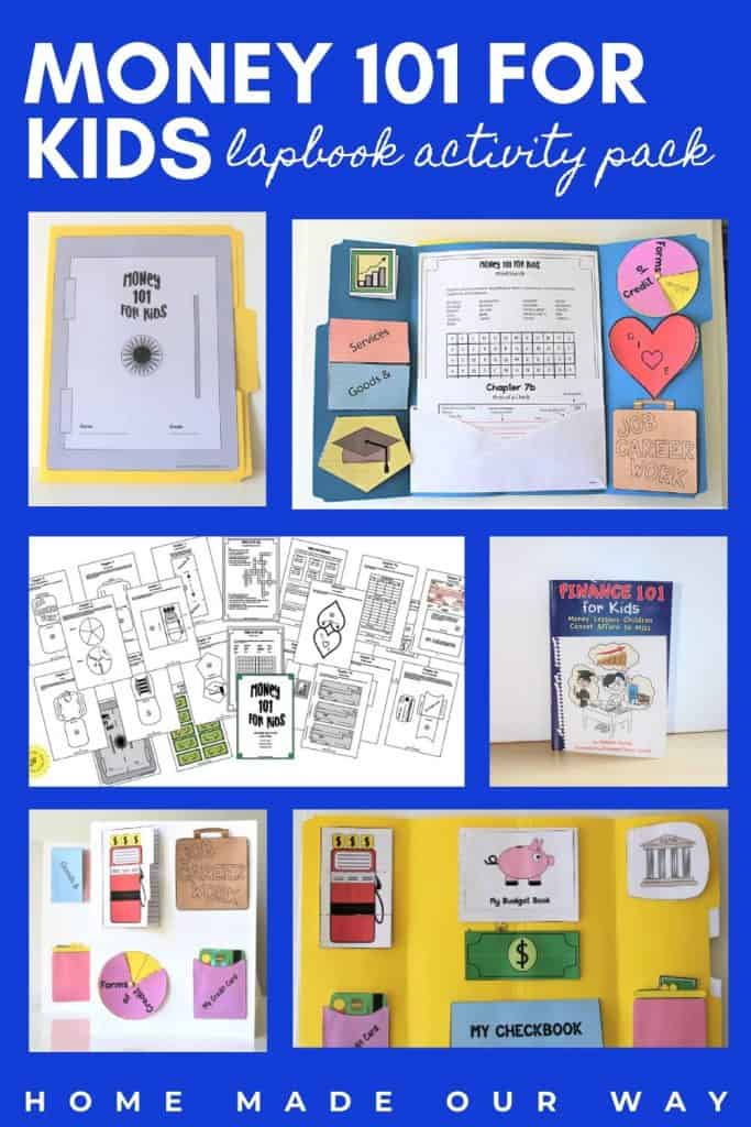 money 101 for kids lapbook activities pin image