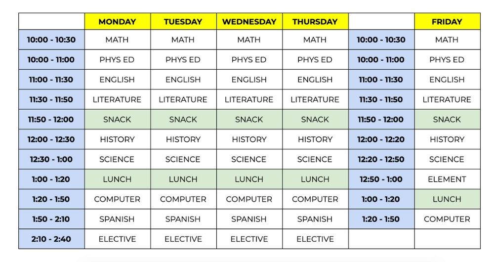 image of 7th grade homeschool schedule