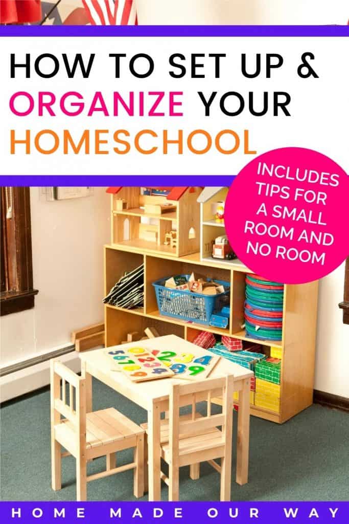 pin image for setting up and organizing a homeschool post