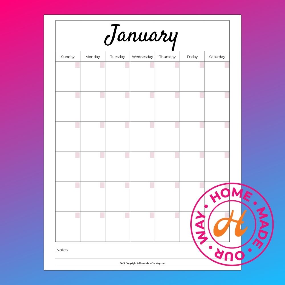 Image of January page for 2022 Free Daily Planner.