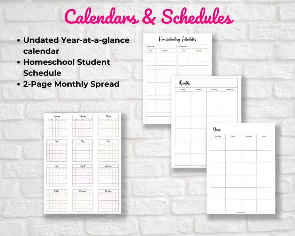 homeschool teacher's planner calendar and schedules pages