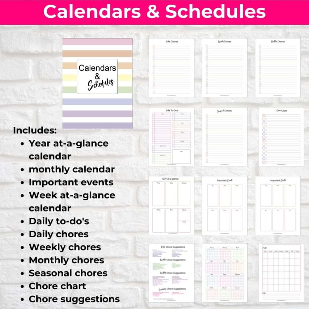 Calendars and Schedules Category Pages in the Home Management Planner