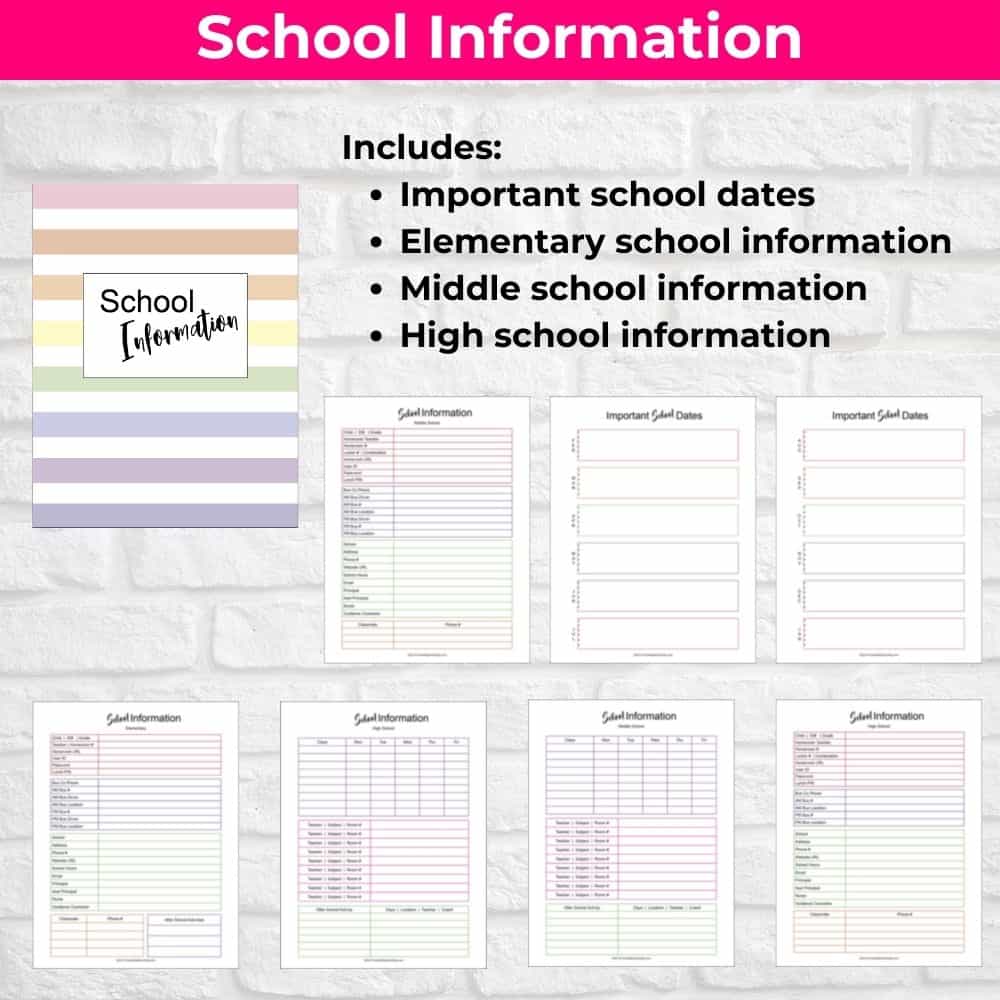School Information Category for Home Management Planner