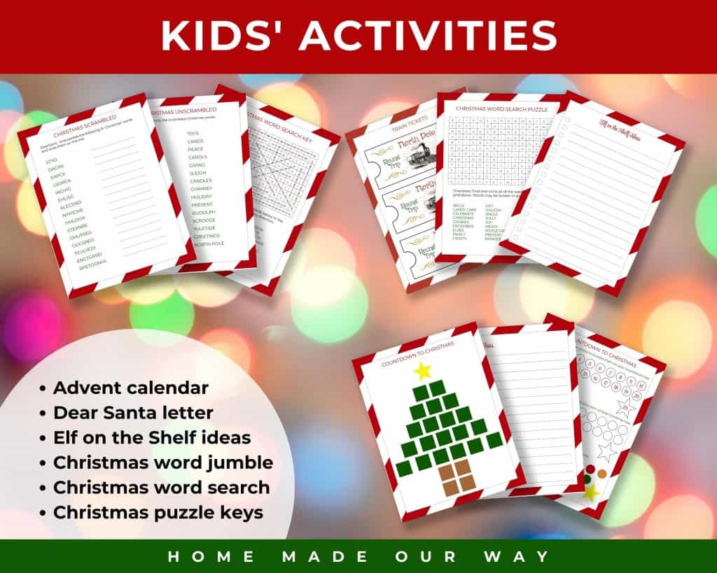 kid's activities section for the Christmas planner