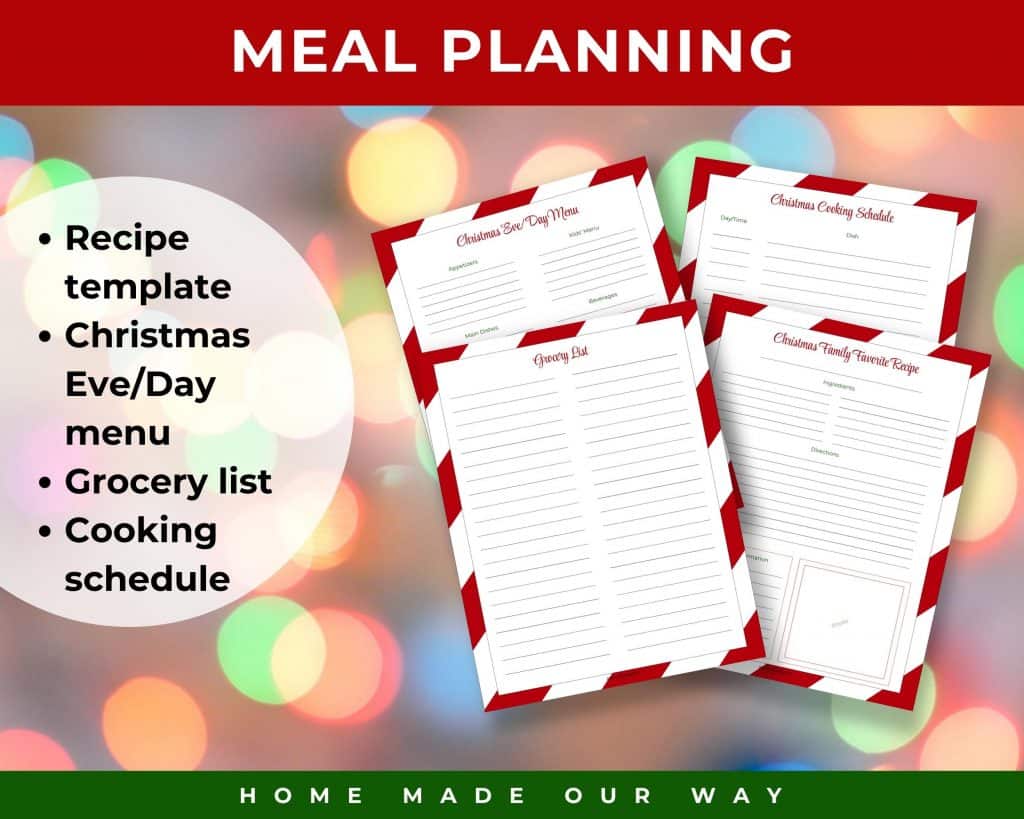 Meal planning section of the Christmas planner
