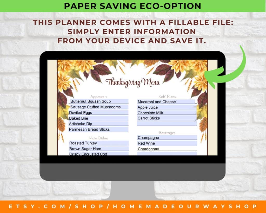 Thanksgiving planner with fillable pages