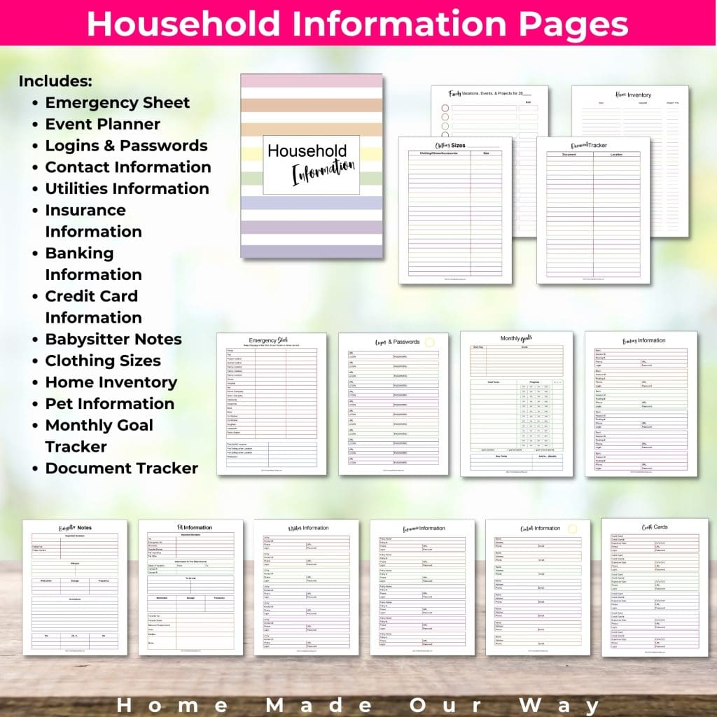 Household Information Pages for the Home Management Planner